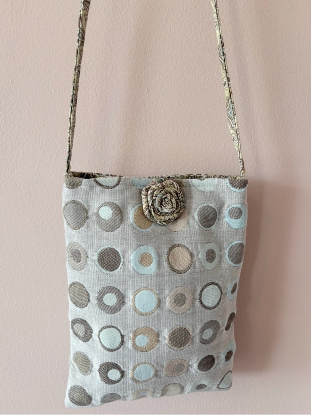 New Jen’s Rag Bag Mid Century Circle Pattern Taupe, Brown & Slate Blue Handmade.